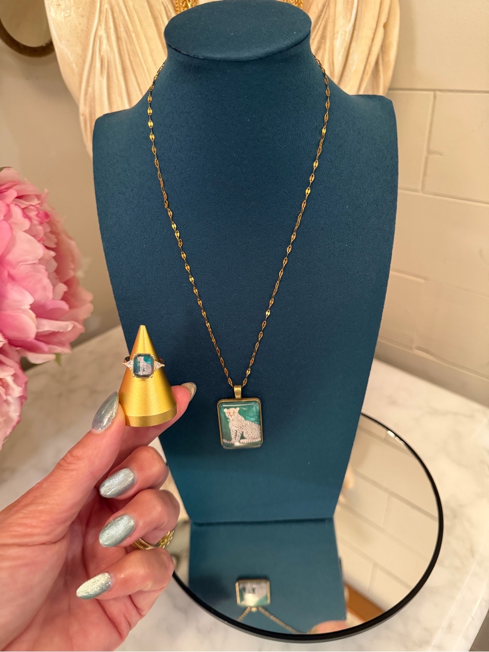 3FER NIB Gold-Tone 18k plated Green Enamel Panther Pendant Necklace and Ring Set